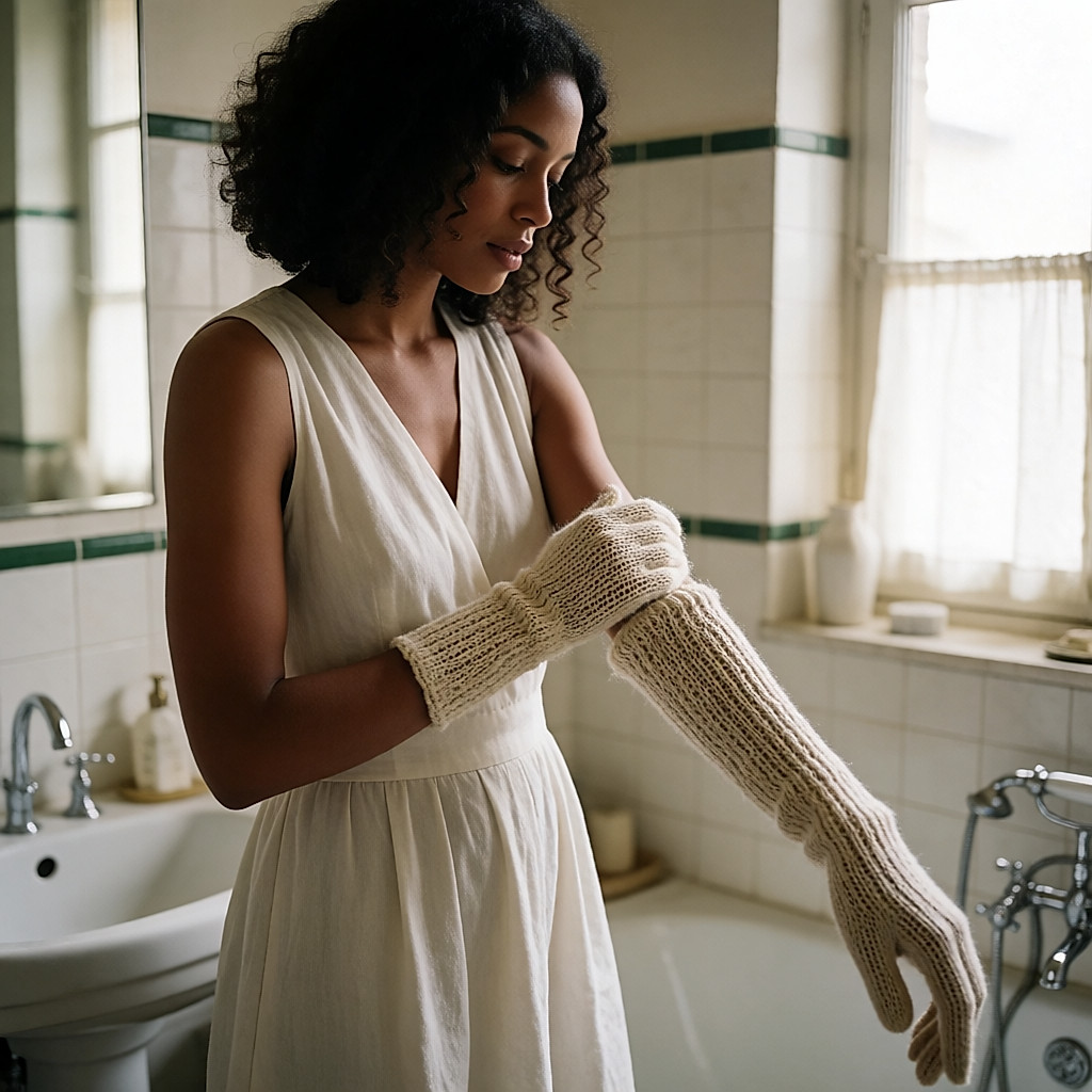 Femme métissée se gommant le bras avec un gant en fibres naturelles dans une salle de bain