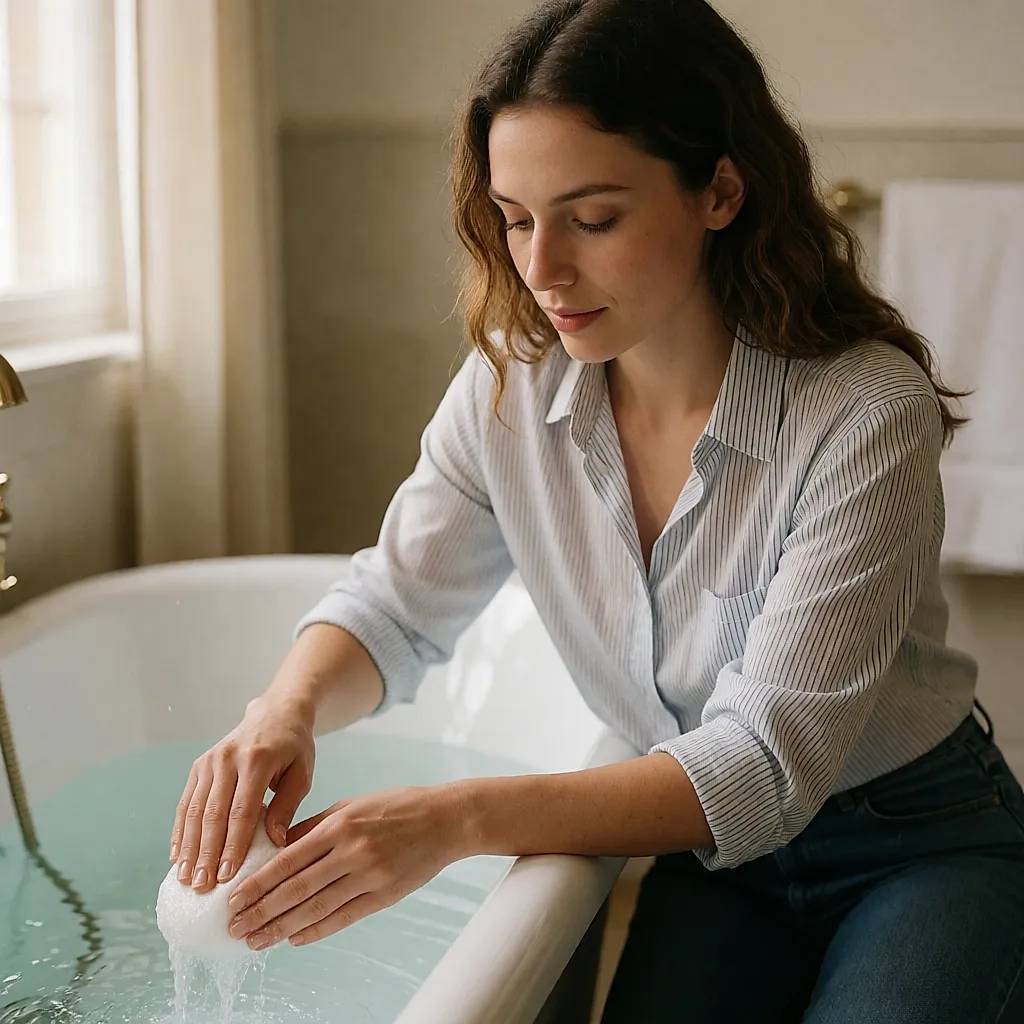 Jeune femme appliquant un baume corps sur sa jambe au bord de la baignoire