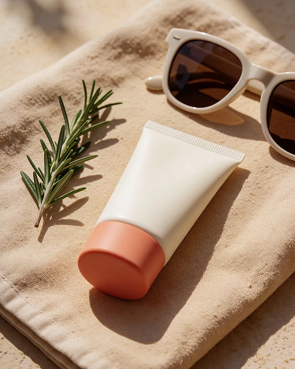 Tube de crème solaire posé sur une serviette en lin, éclairé par le soleil d'été