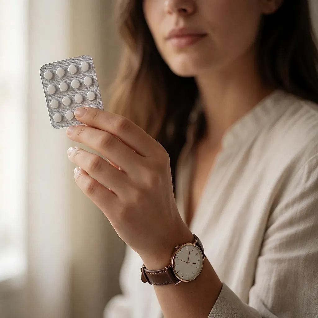 Une main tient une plaquette de pilule microprogestative près d'une montre, dans la lumière du matin