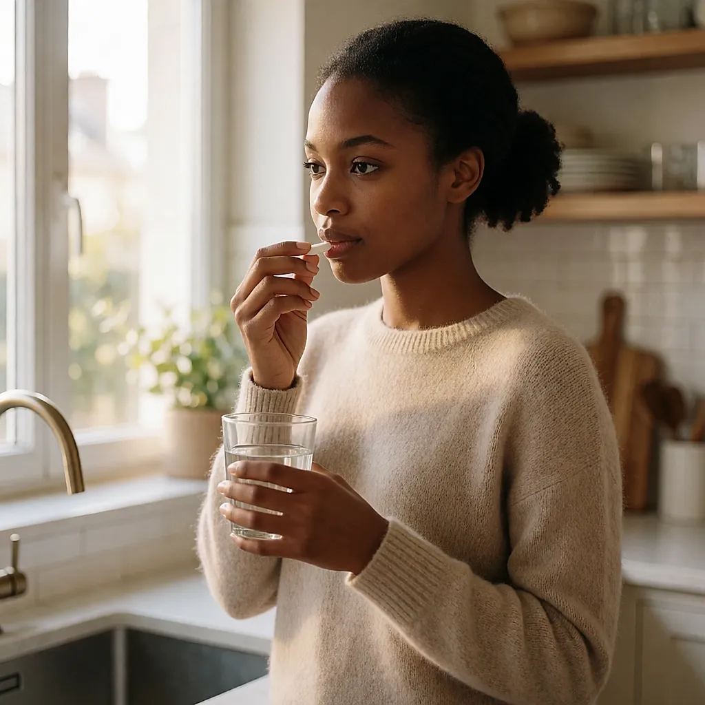 Une jeune femme avale sa pilule avec un verre d'eau dans une cuisine lumineuse