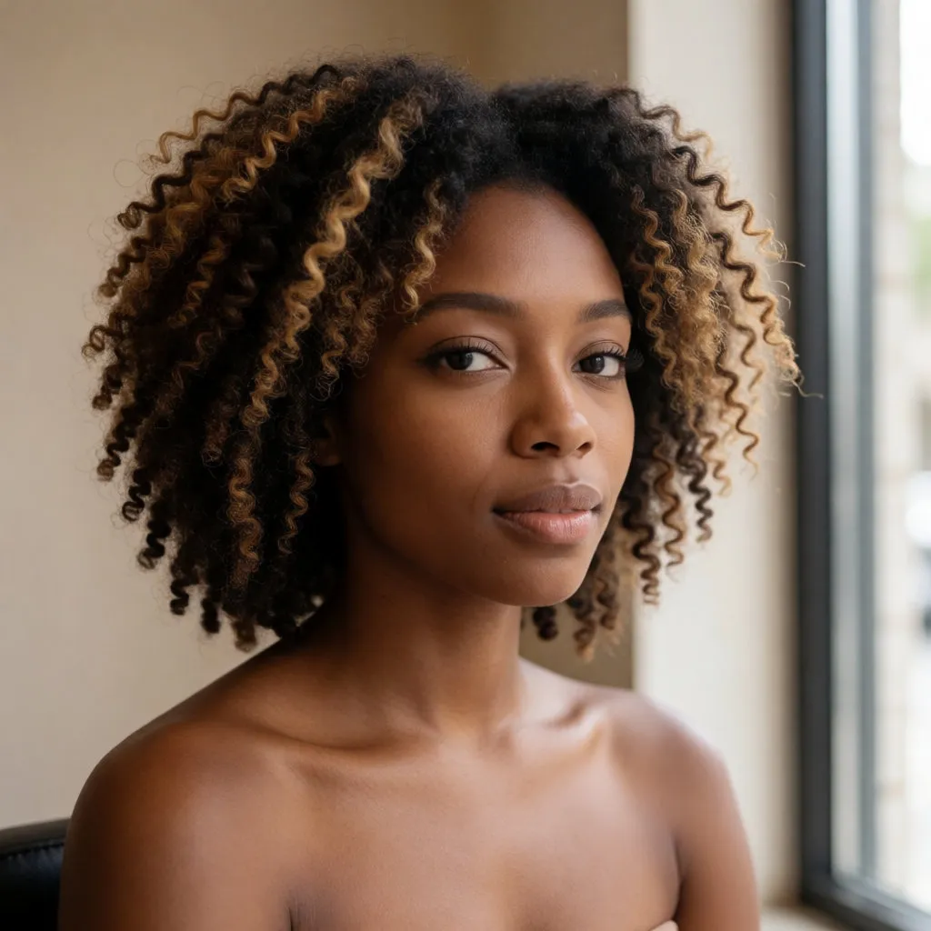 Jeune femme noire aux boucles sombres rehaussées de reflets blond miel, lumière douce en salon
