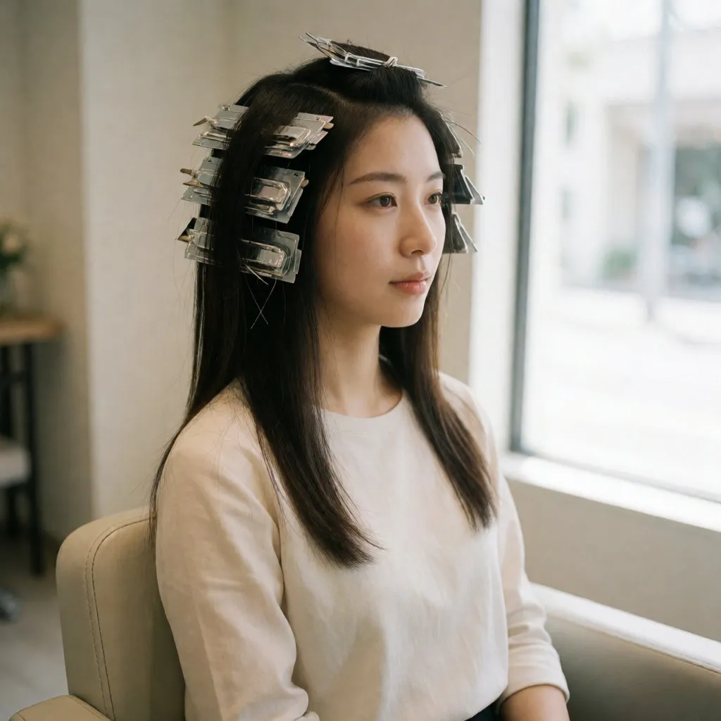 Jeune femme asiatique dans un salon lumineux, cheveux sectionnés en papillotes, ambiance calme