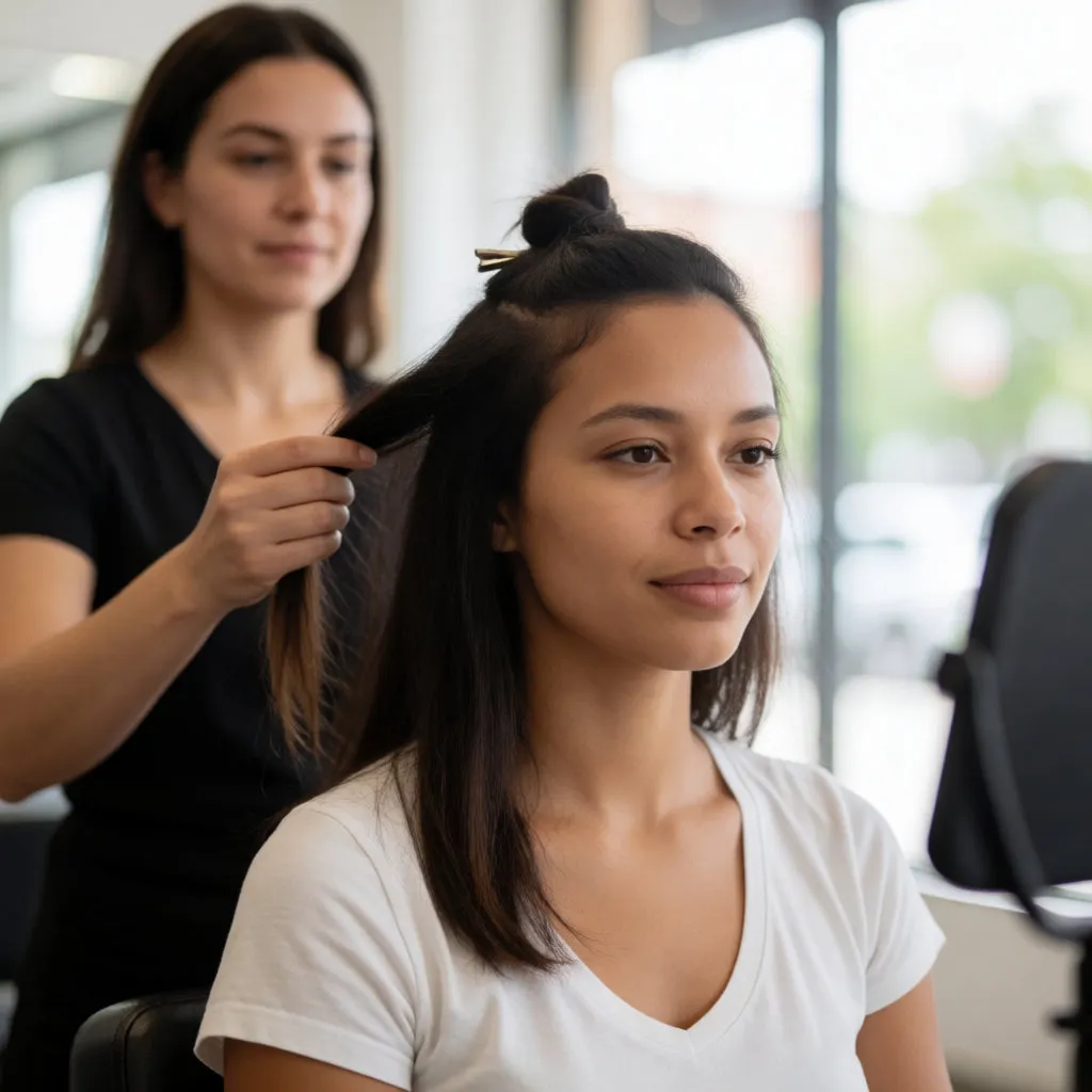 Jeune femme métisse au salon, une mèche test clipsée sur cheveux bruns, lumière naturelle