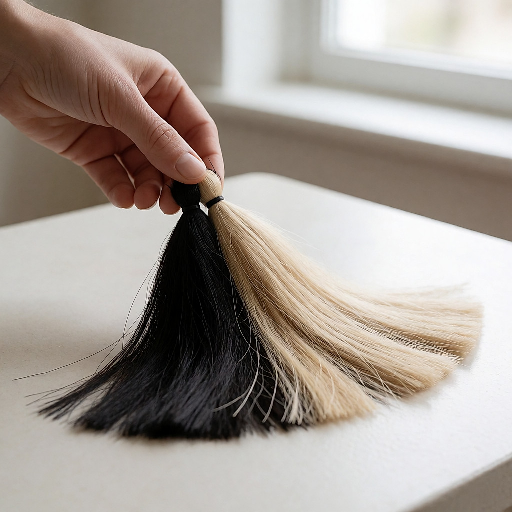 Éventail de mèches de couleur du noir au blond platine tenu à la main