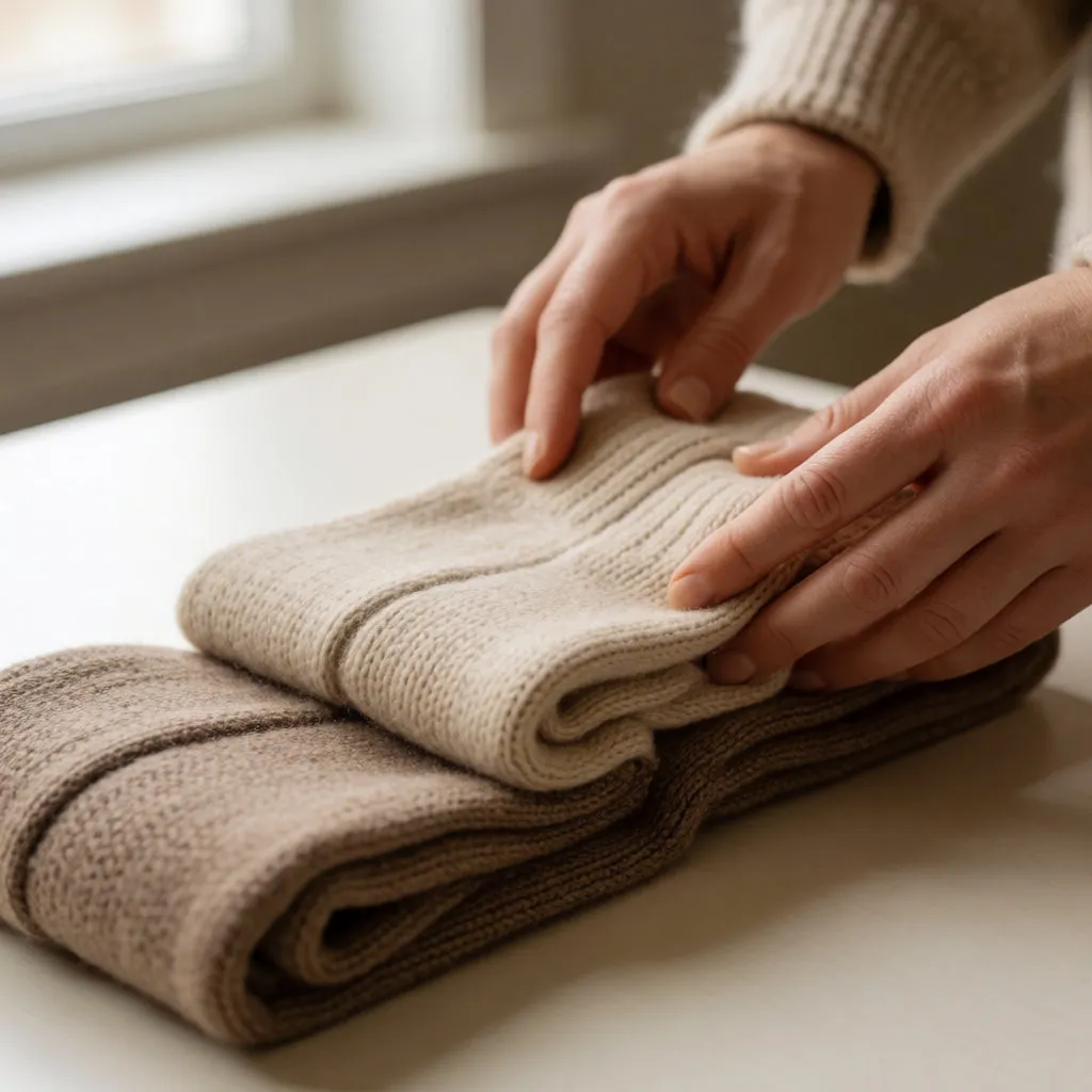 Mains touchant des collants d'hiver épais en maille, pliés sur une table dans une lumière naturelle