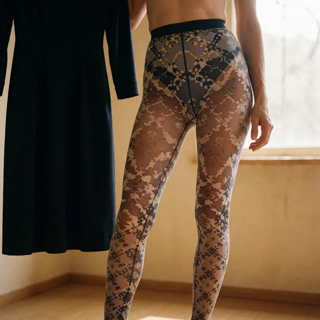 Jambes d'une femme portant des collants à motif floral et géométrique, dans une tenue sombre unie