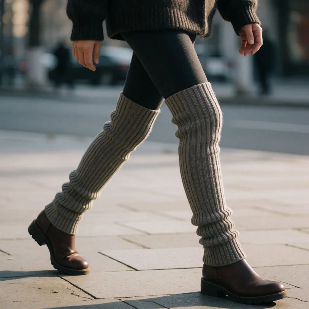 Jambes d'une femme marchant avec des guêtres en maille torsadée sur un legging et des bottines