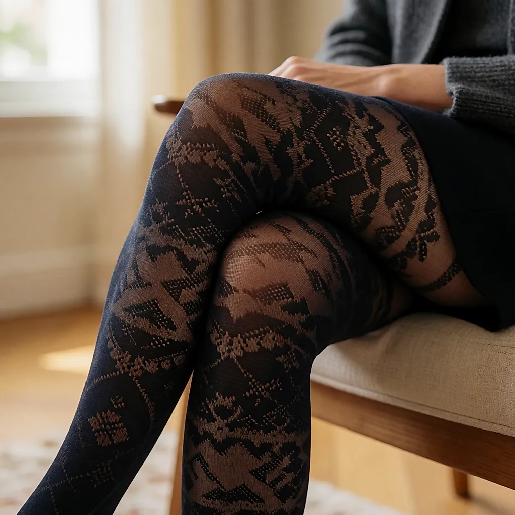 Jambes assises portant des collants sombres à imprimé jacquard hivernal