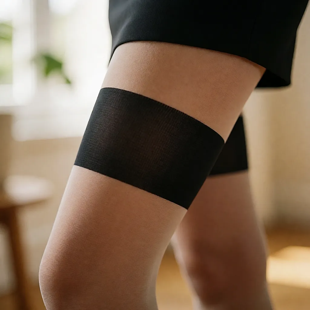 Jambes portant des collants design avec une large bande noire traversant la jambe