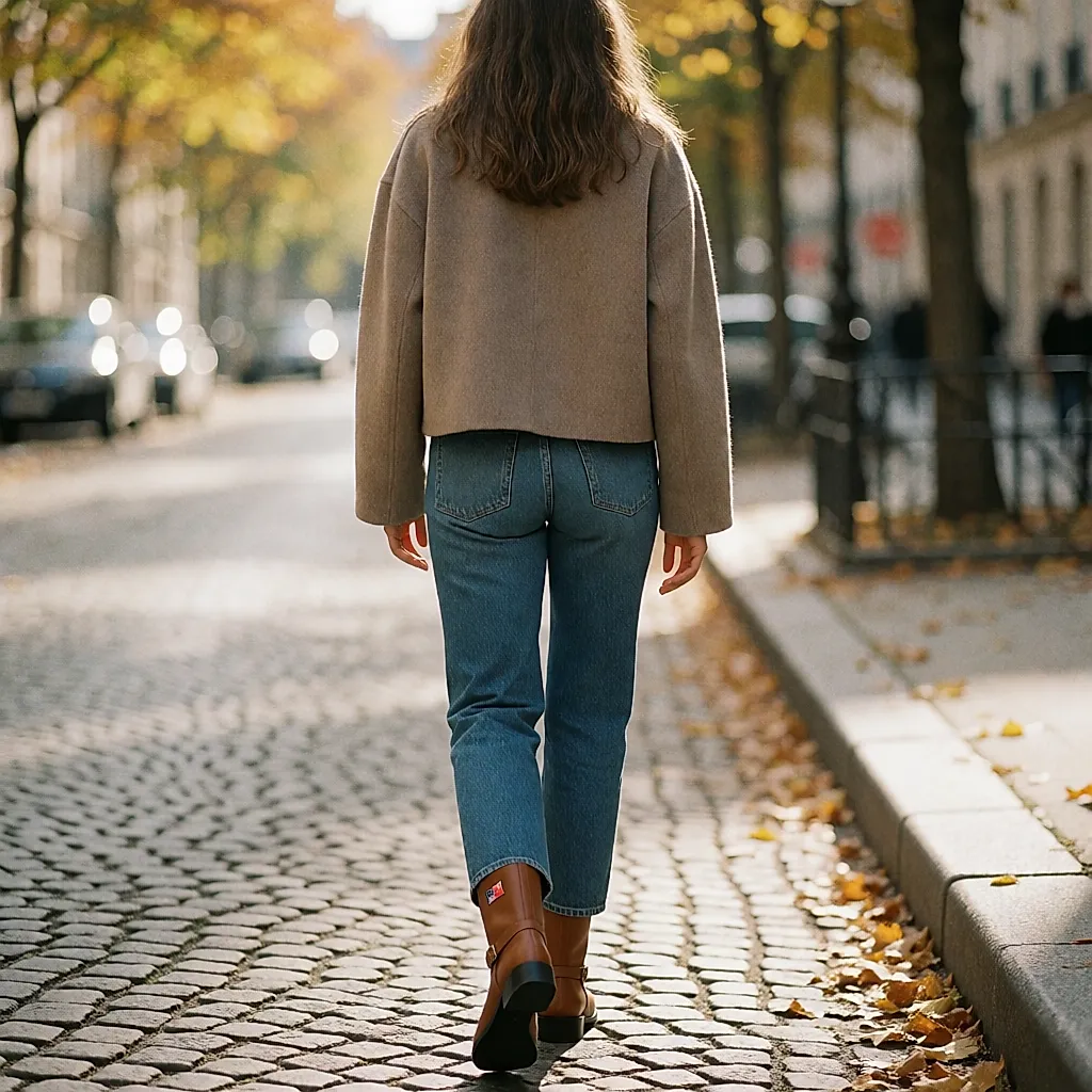 Boots motardes Hilfiger Denim en cuir grainé camel portées dans une rue pavée