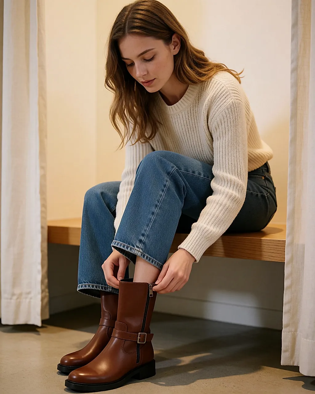 Femme fermant le zip intérieur d'une boots en cuir marron, en cabine