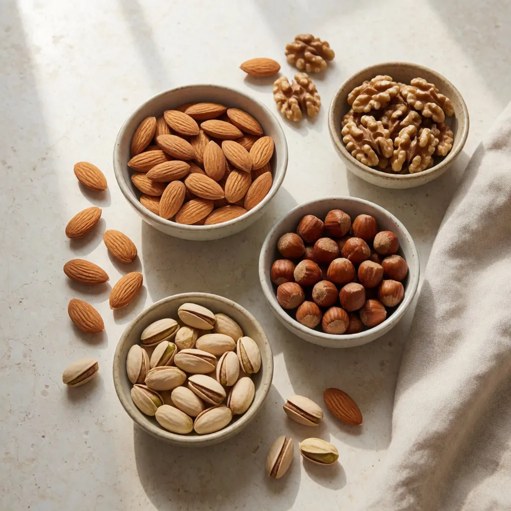 Bols d'amandes, noix, noisettes et pistaches non salées sur une surface en pierre claire