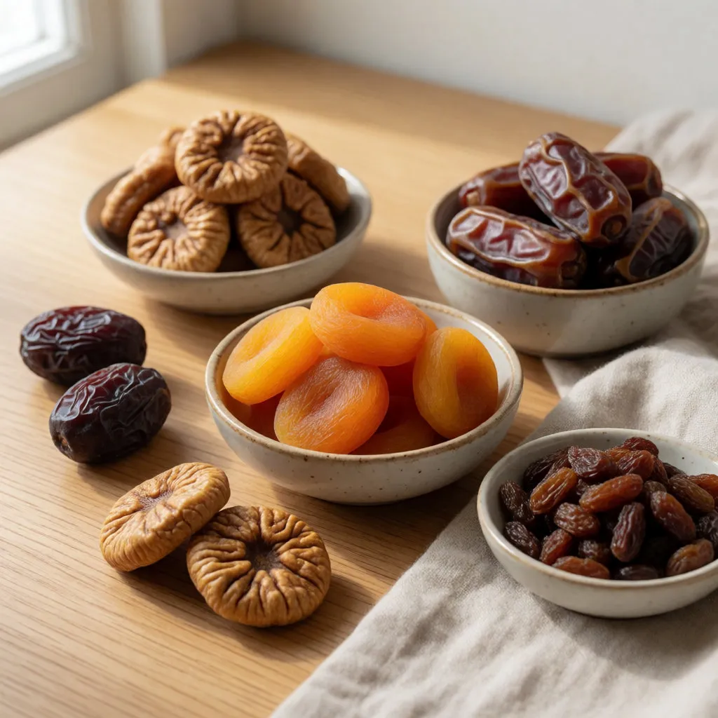 Figues, abricots, dattes et raisins secs dans de petits bols sur une table en bois clair