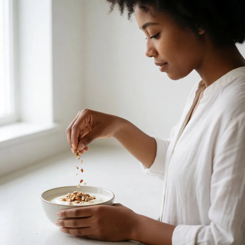 Jeune femme ajoutant des amandes concassées à un yaourt dans une cuisine lumineuse