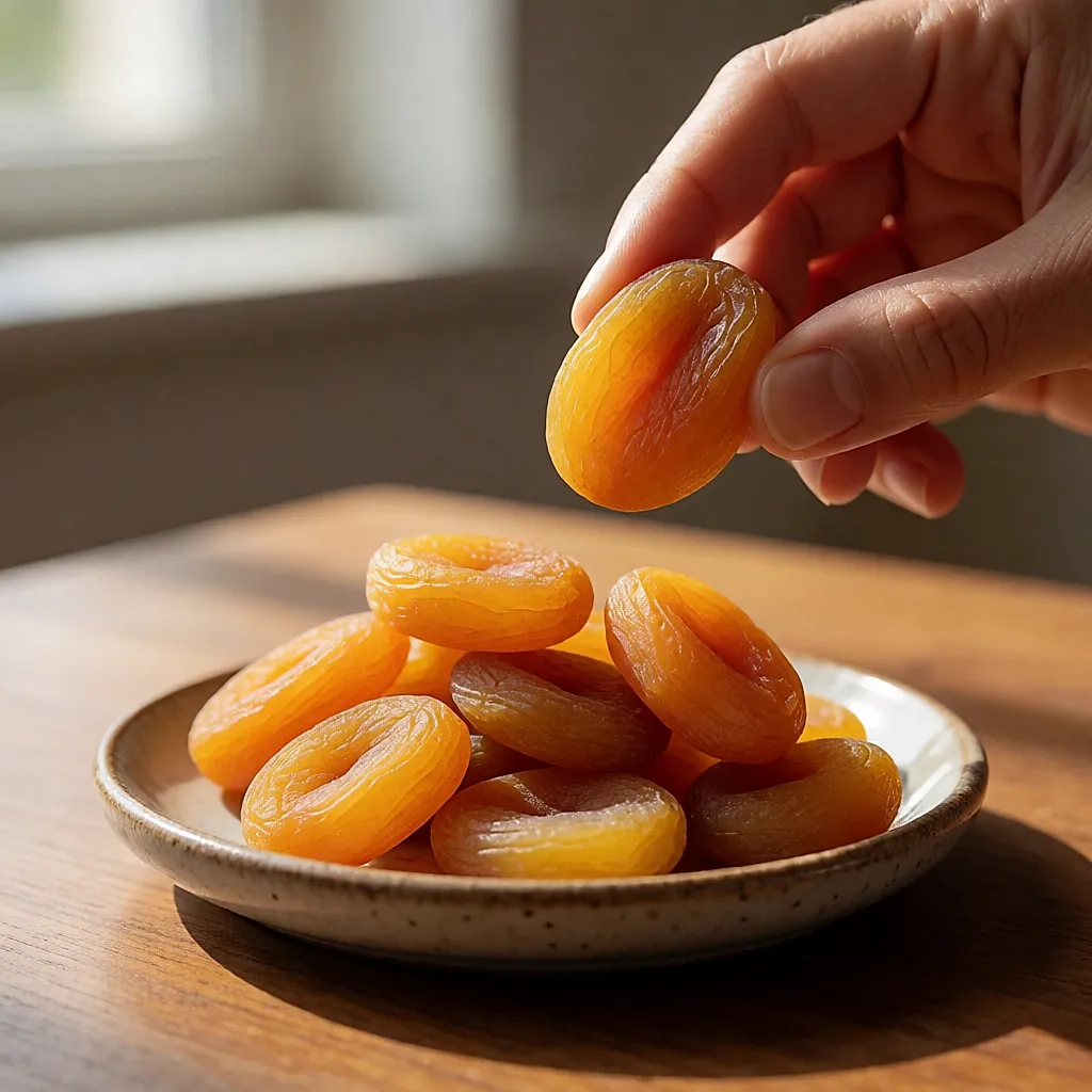 Abricots secs moelleux tenus entre deux doigts au-dessus d'une coupelle
