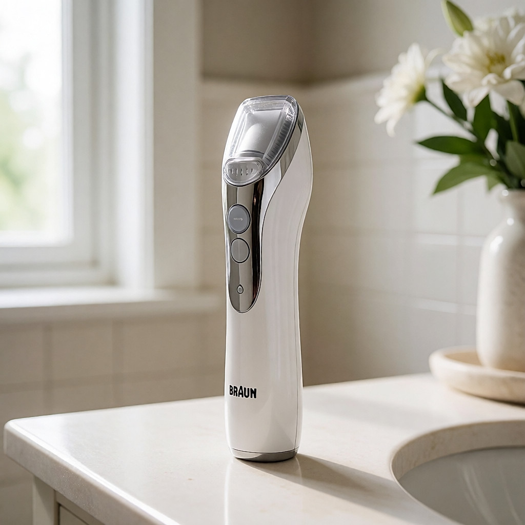 L'épilateur Silk-Epil Xpressive de Braun sur une étagère de salle de bain claire