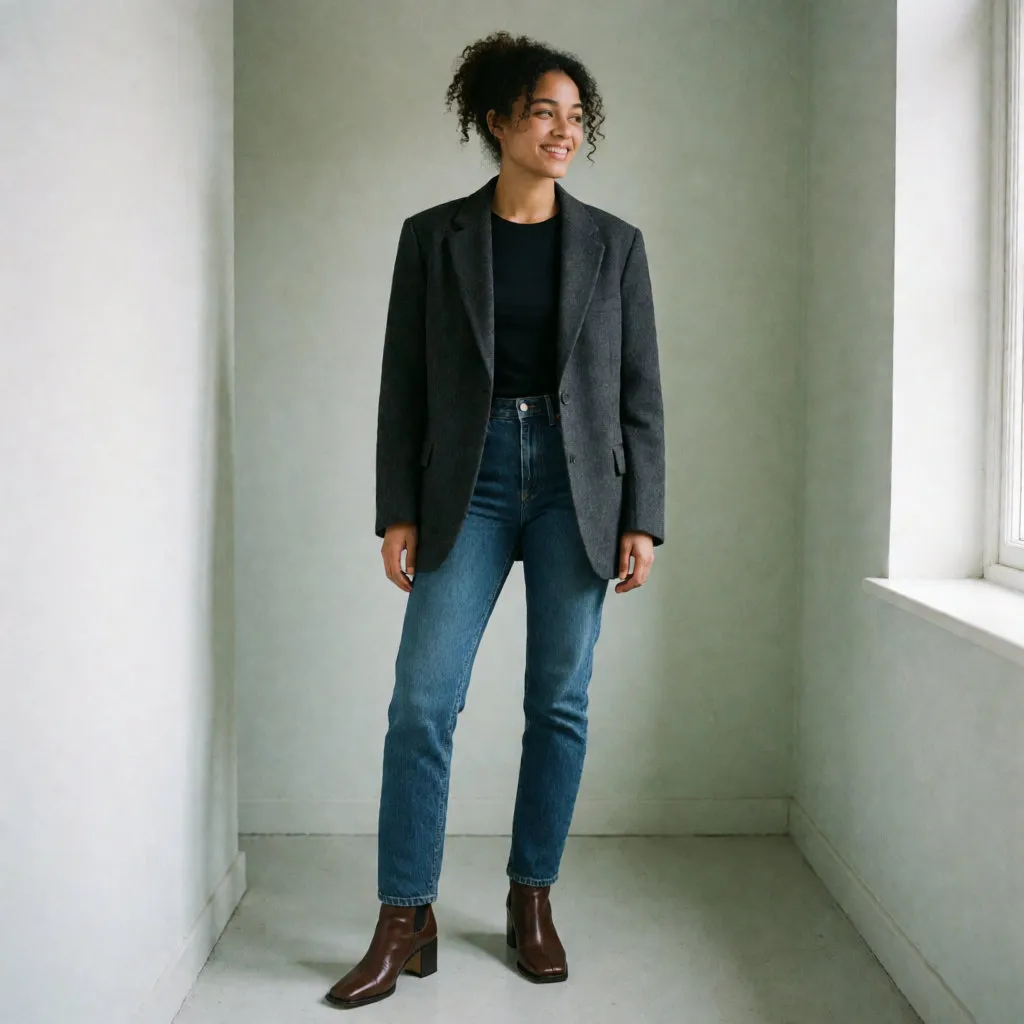 Jeune femme métissée en jean slim brut, blazer oversize et bottines à talon carré, dans un couloir clair