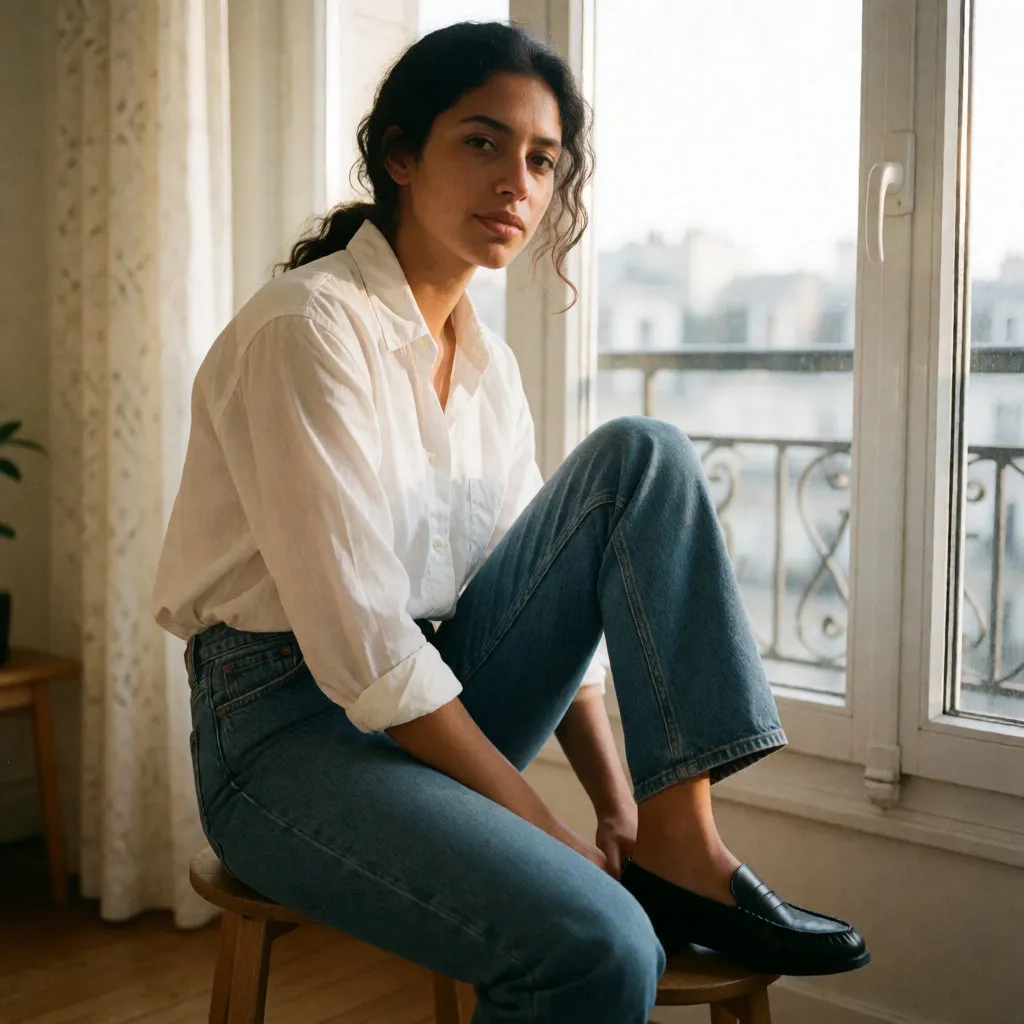 Jeune femme assise, jean coupe droite bleu moyen, chemise blanche et mocassins noirs, lumière douce