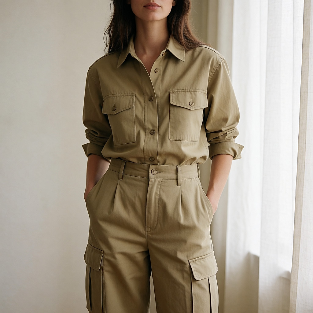Slim treillis kaki, poches cargo sur les cuisses, porté en look féminin