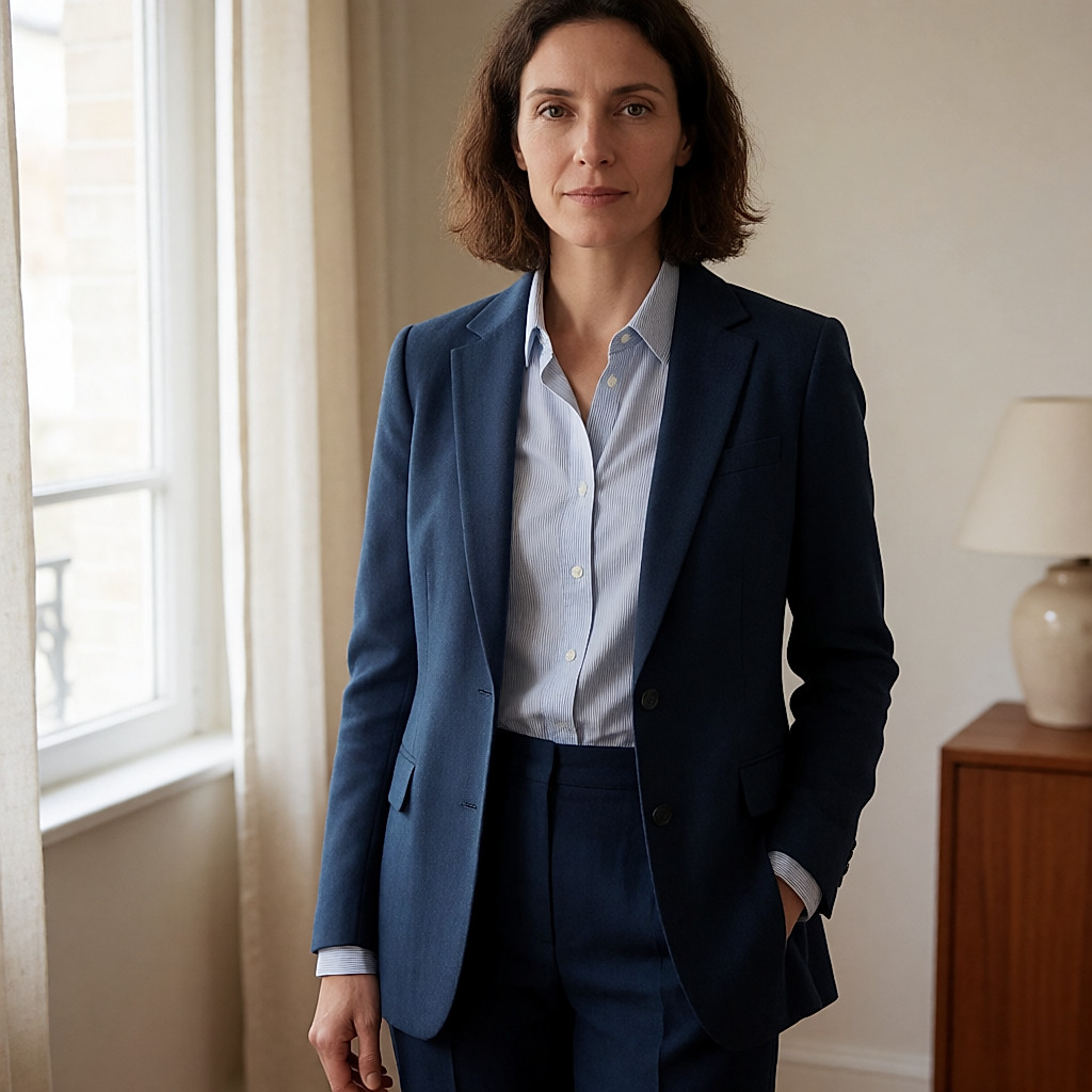 Jean coupe droite bleu classique, ni évasé ni resserré, porté avec une chemise