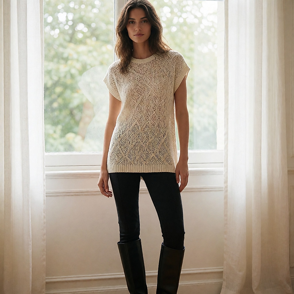 Jegging noir sans poche, porté avec une tunique en maille et des boots
