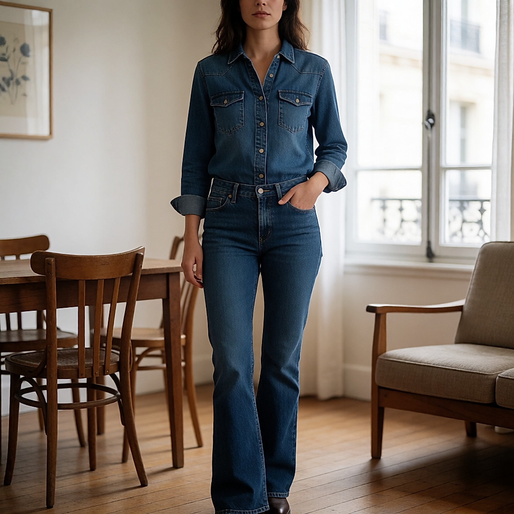 Jean bootcut indigo, coupé pour s'évaser sur une paire de talons