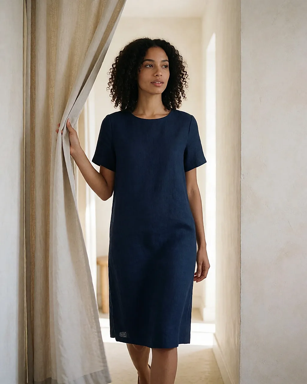 Jeune femme en robe droite bleu nuit sortant de la cabine et faisant quelques pas