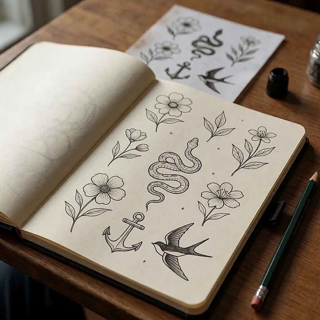 Carnet de croquis d'un tatoueur ouvert sur une table en bois, motifs dessinés à la main