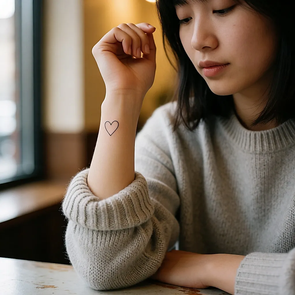 Petit tatouage en forme de cœur à l'encre noire sur le poignet d'une jeune femme