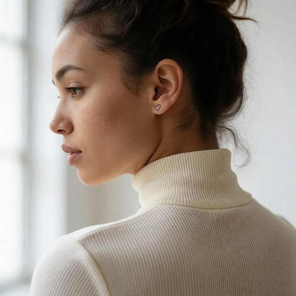 Tatouage discret en forme de cœur derrière l'oreille, cheveux relevés