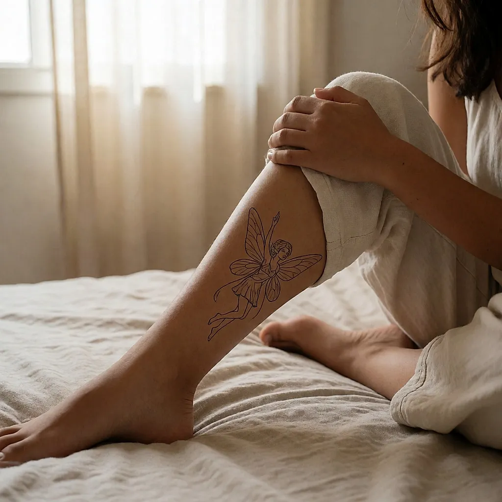 Tatouage de fée au trait fin sur le mollet d'une jeune femme assise sur un lit