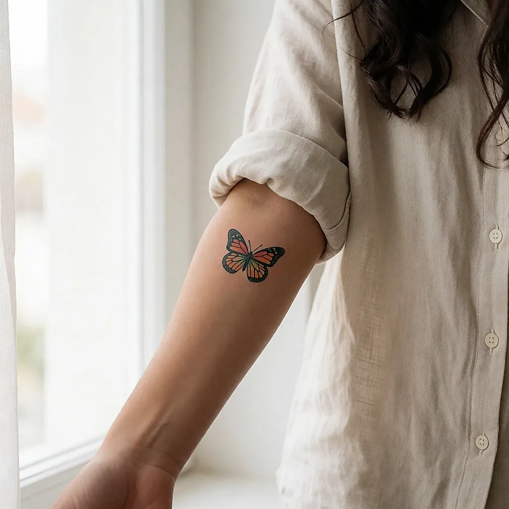Tatouage papillon coloré sur l'avant-bras d'une jeune femme près d'une fenêtre