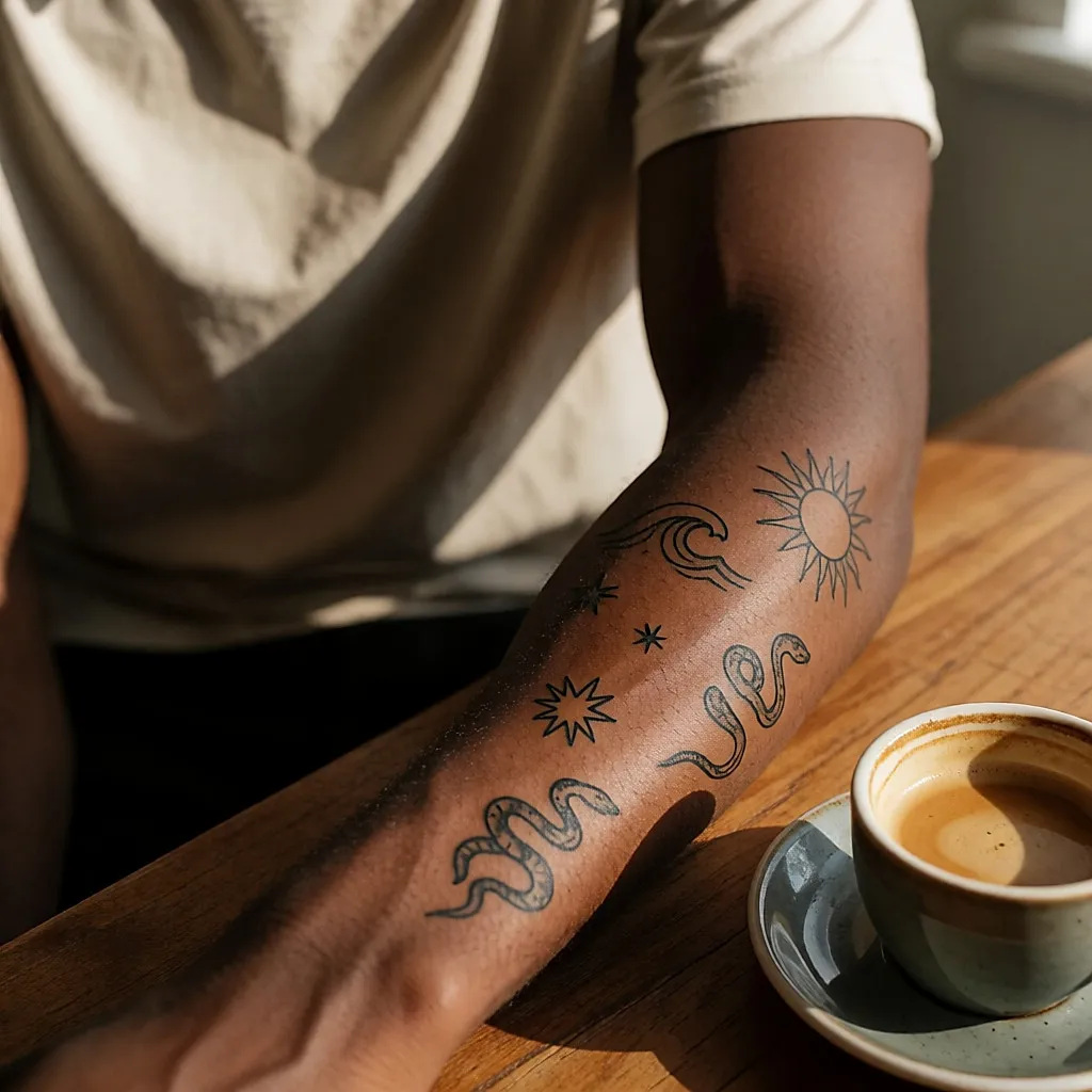 Avant-bras d'un jeune homme couvert de plusieurs petits tatouages cicatrisés
