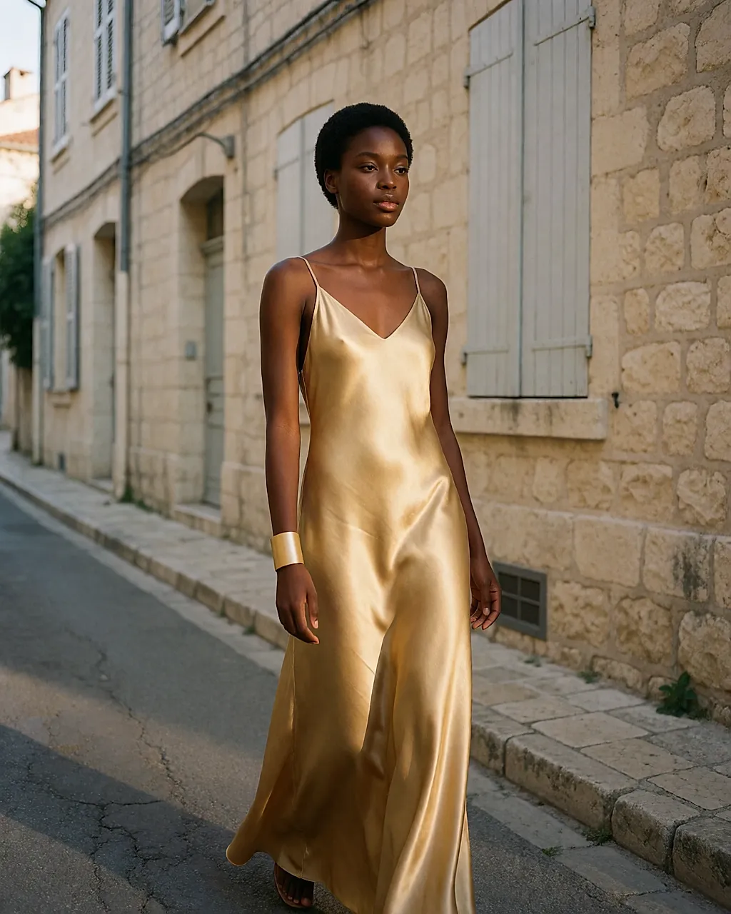 Une robe longue satinée dorée portée dans une rue au coucher du soleil