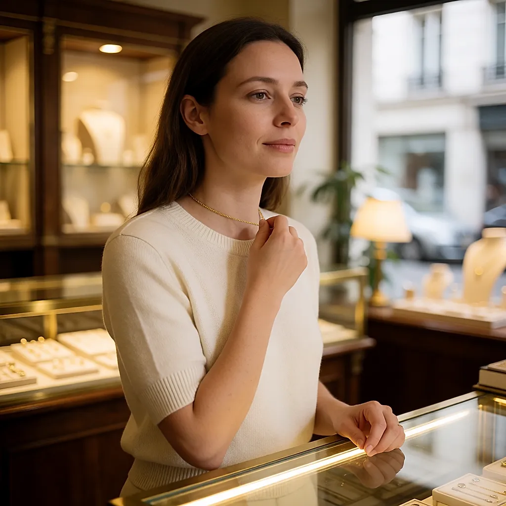 Une cliente attache une fine chaîne plaquée or devant le comptoir d'une bijouterie de quartier