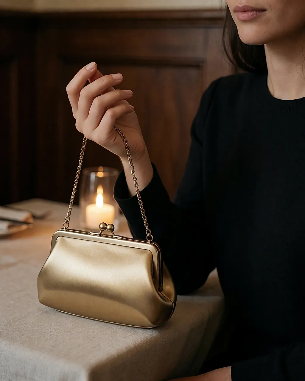 Une minaudière dorée tenue à la main sur une table de restaurant le soir