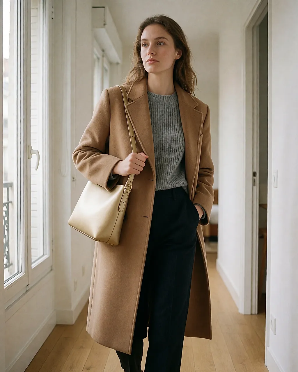 Une femme en manteau camel porte un sac doré mat à l'épaule dans un appartement clair