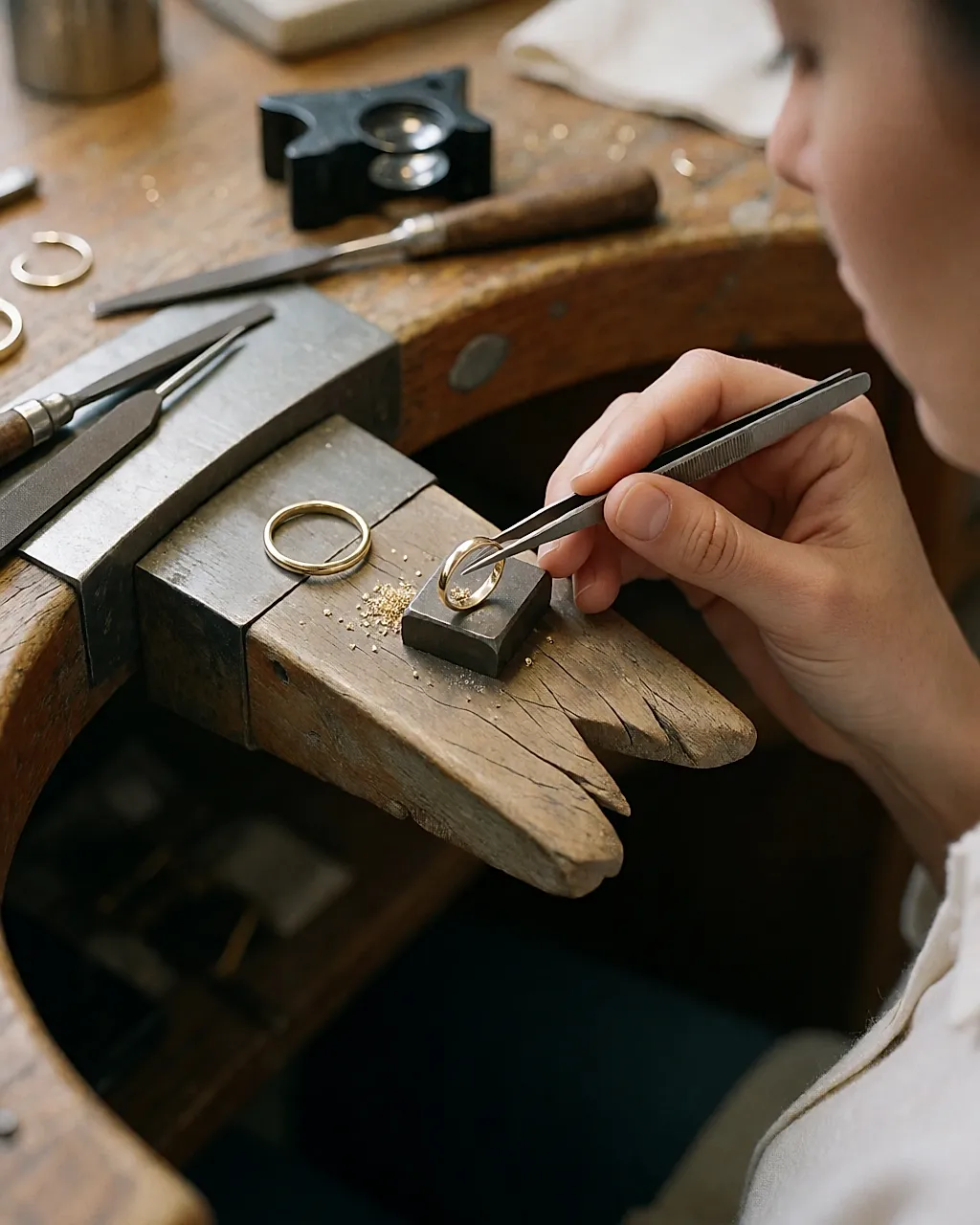 Une bague dorée tenue à la pince au-dessus de l'établi d'un atelier de bijouterie