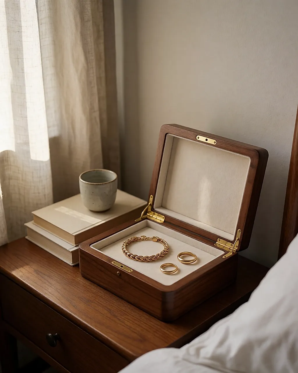 Un bracelet doré ancien et deux bagues dans une boîte à bijoux en bois ouverte