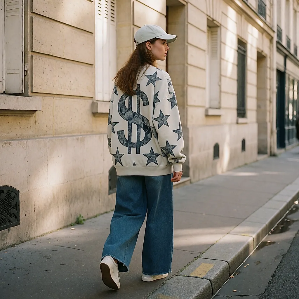 Silhouette de dos : sweat imprimé ample, jean brut large et casquette unie