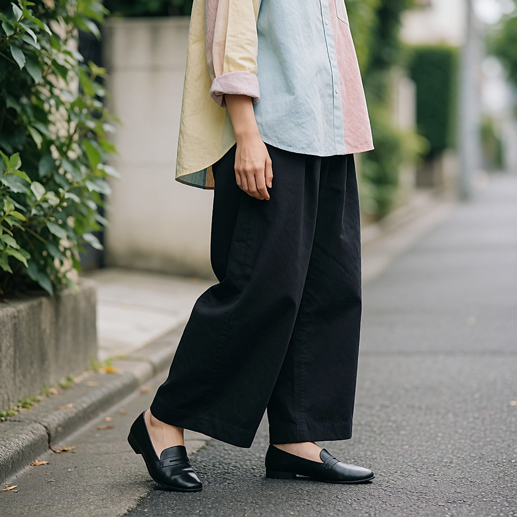 Baskets pastel colorées portées avec un pantalon large sombre, cadrage bas sur un trottoir