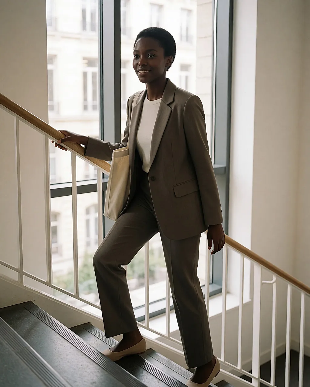 Jeune femme en tenue de bureau montant un escalier d'immeuble, un tote bag à l'épaule, en pleine journée