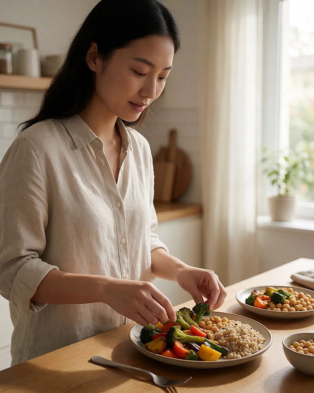 Jeune femme composant une assiette équilibrée de légumes, céréales complètes et légumineuses dans une cuisine claire