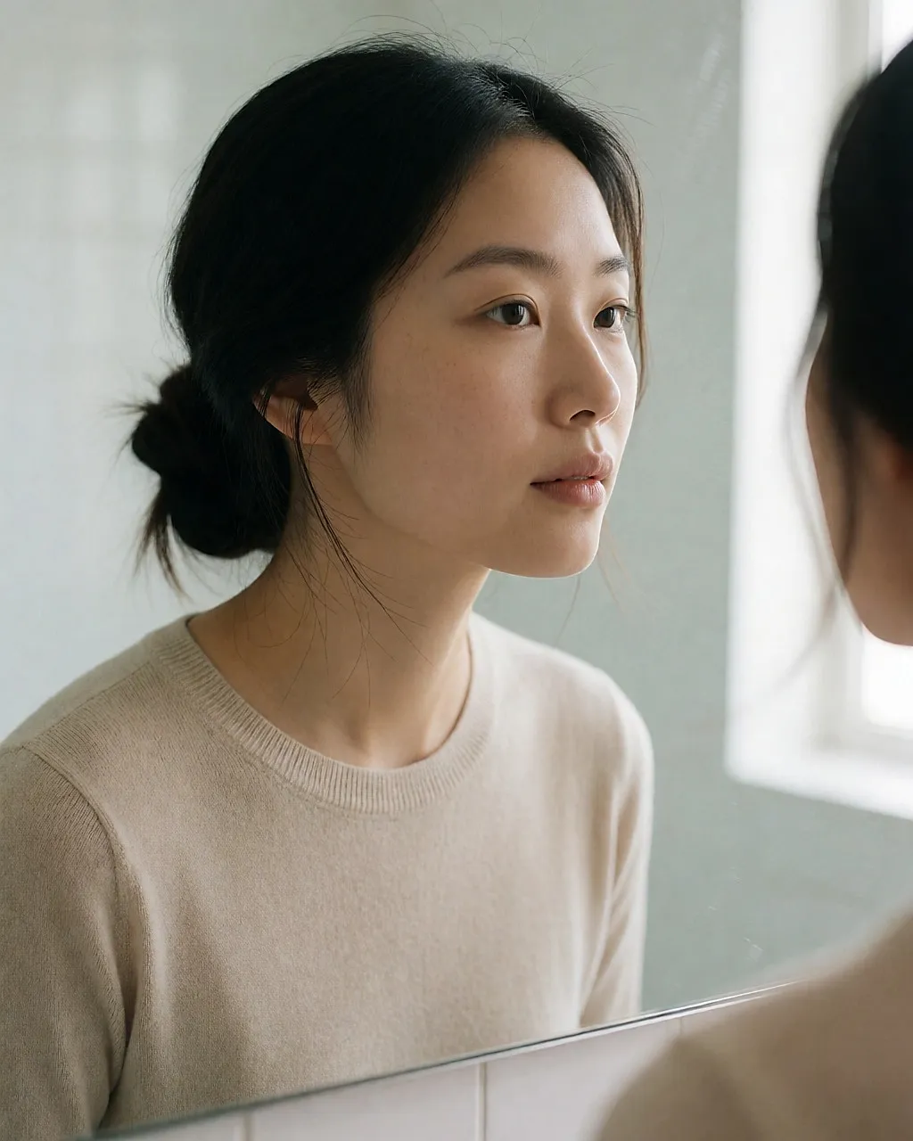 Femme appliquant une crème fine au coin de la bouche devant son miroir