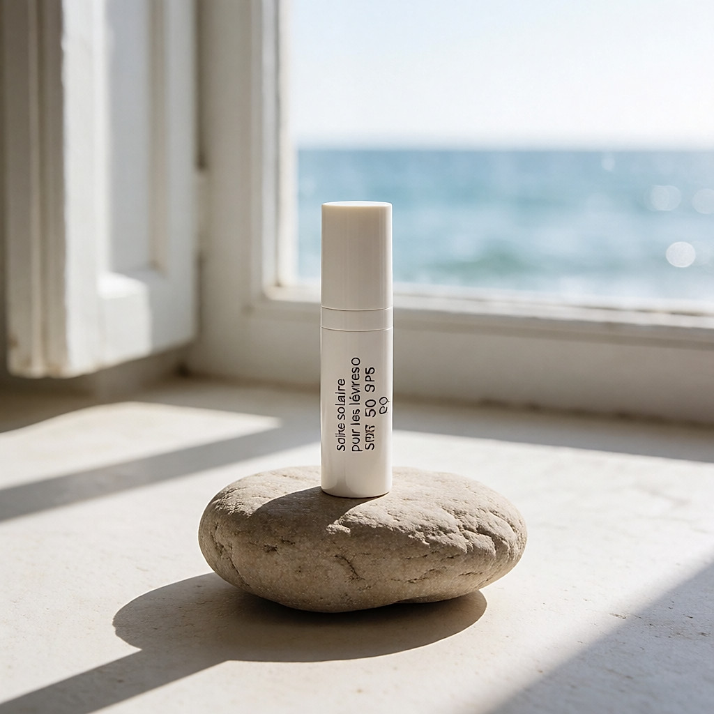 Stick solaire pour les lèvres SPF 50 posé sur une pierre au bord de la mer