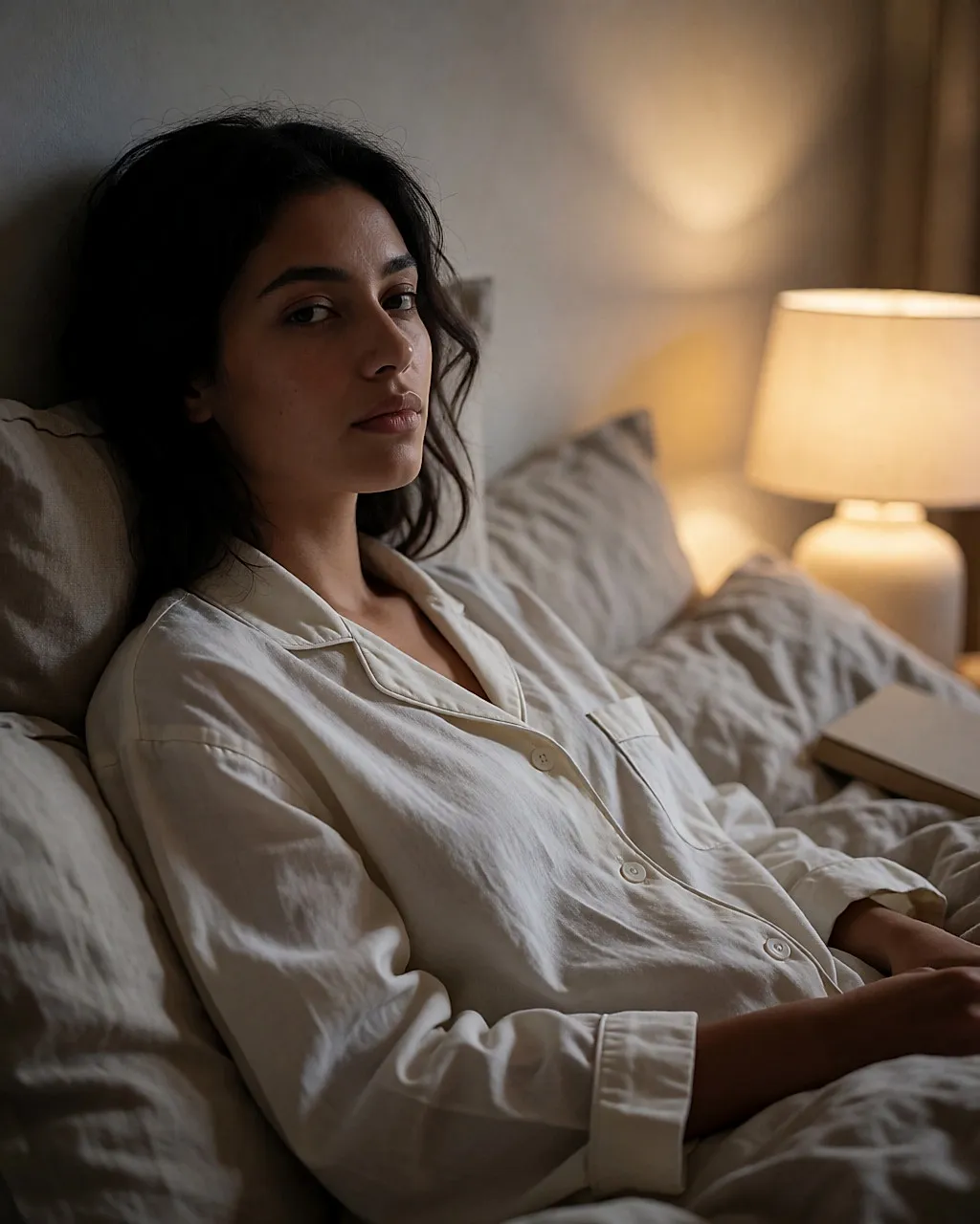 Jeune femme appliquant une couche épaisse de baume au lit, à la lumière d'une lampe