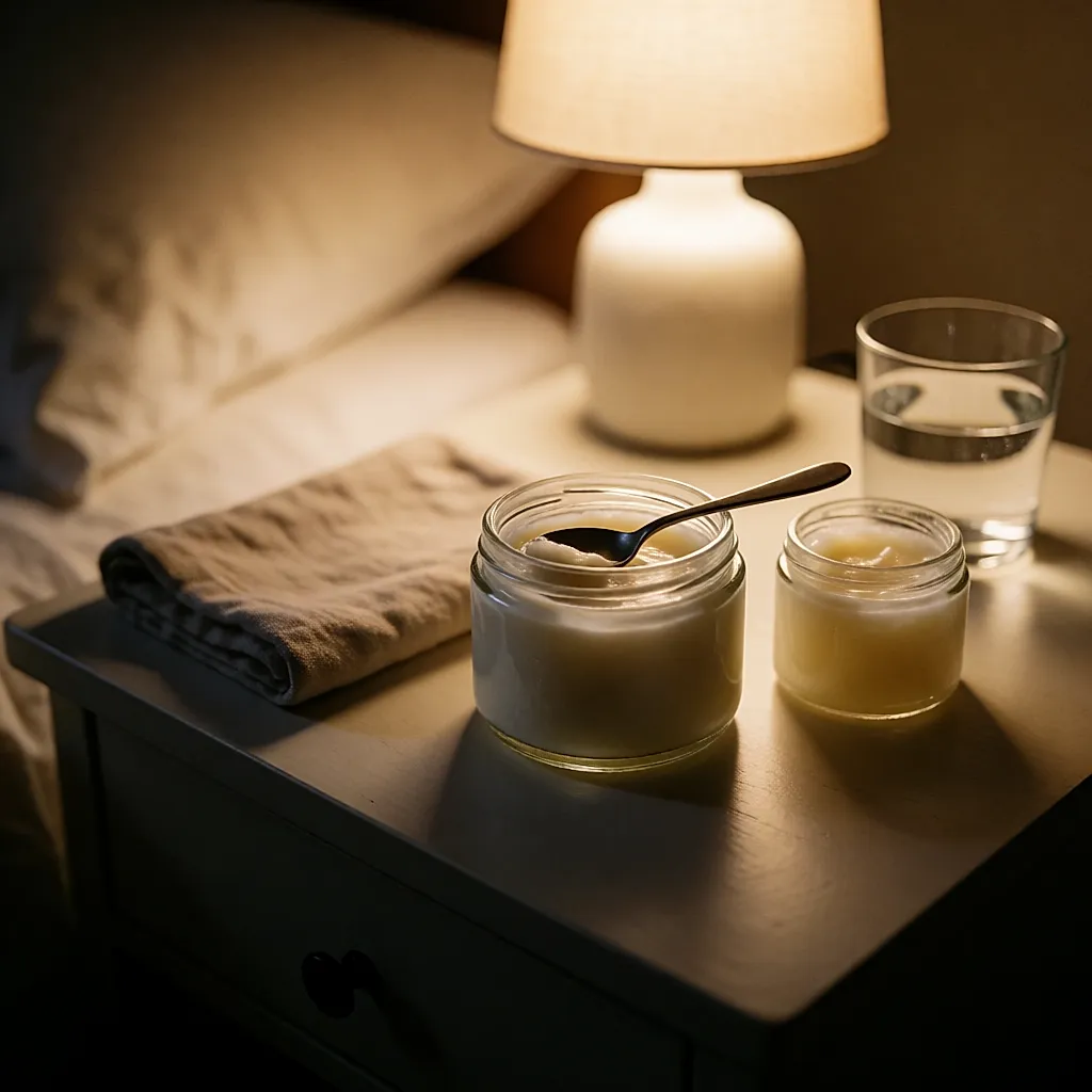Pot de baume épais et vaseline sur une table de nuit, lumière chaude du soir