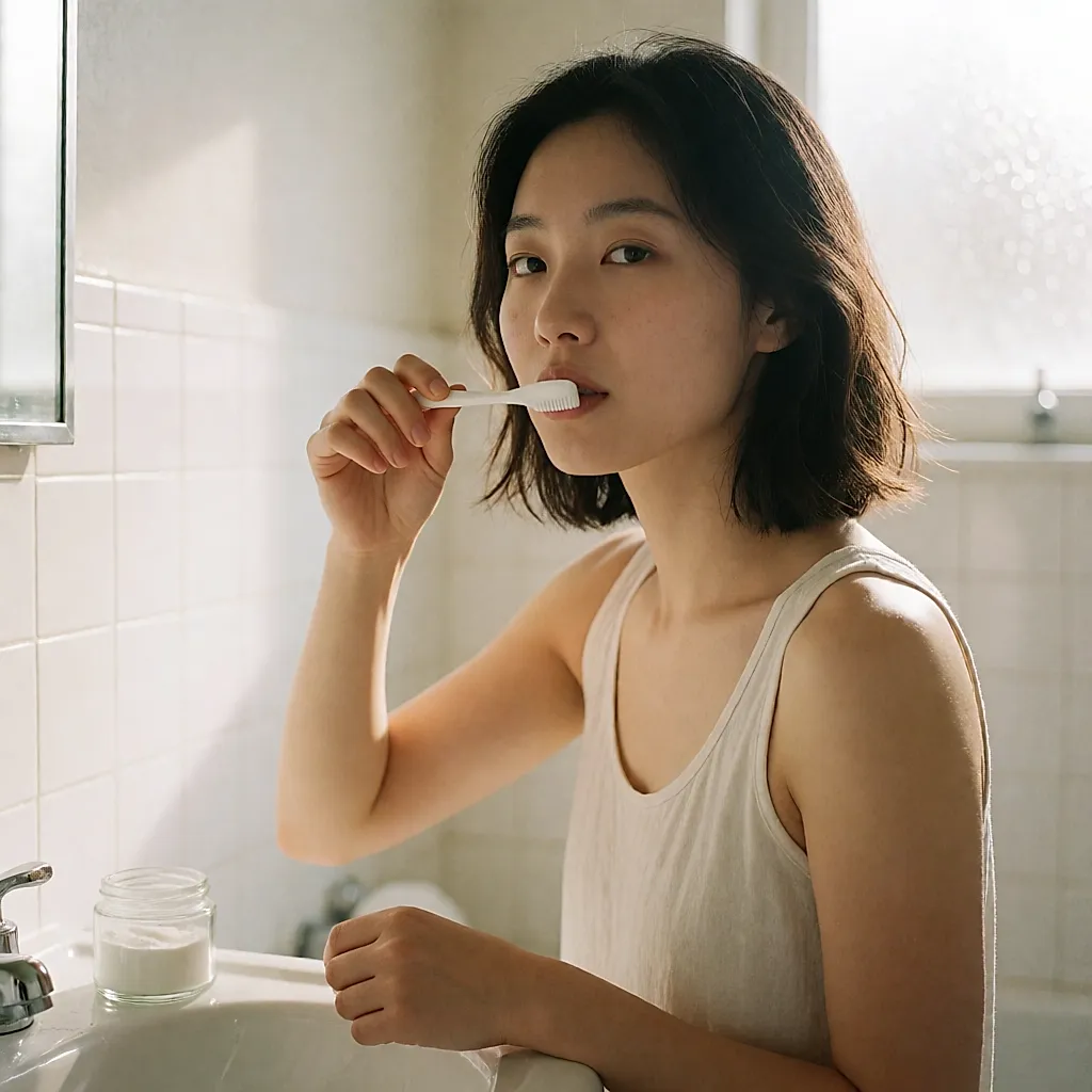 Une femme se brosse les dents avec une brosse humide saupoudrée de bicarbonate de soude