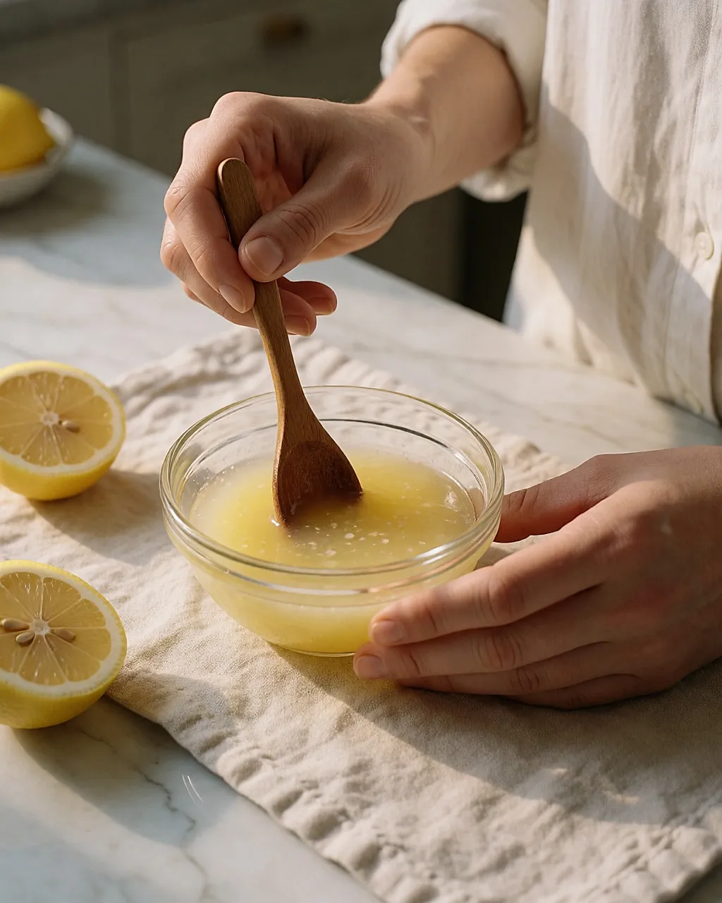 Main mélangeant miel et jus de citron dans un petit bol en verre sur un plan de travail en marbre